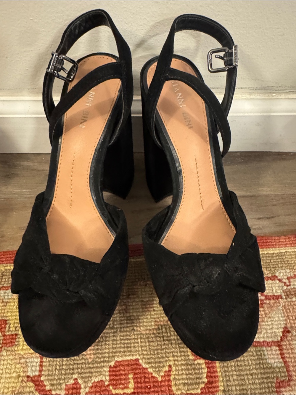 Gianni Bini Black Suede Open-Toe Block Heel Sandals - Women's